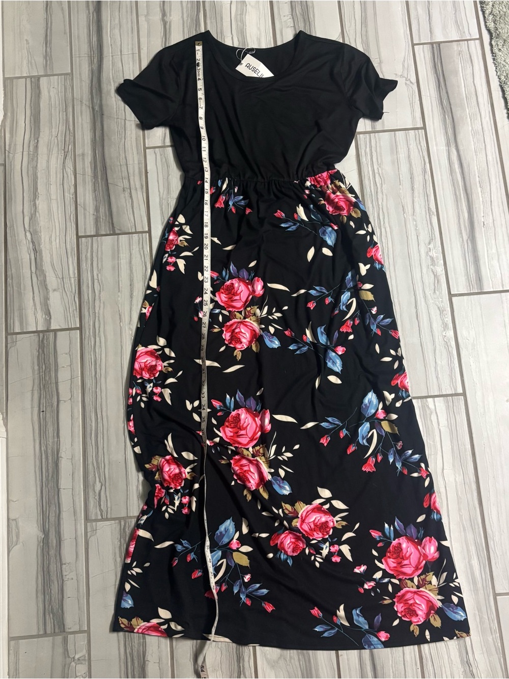 Black Floral Maxi Dress with Pink Rose Print - Picture 4 of 5